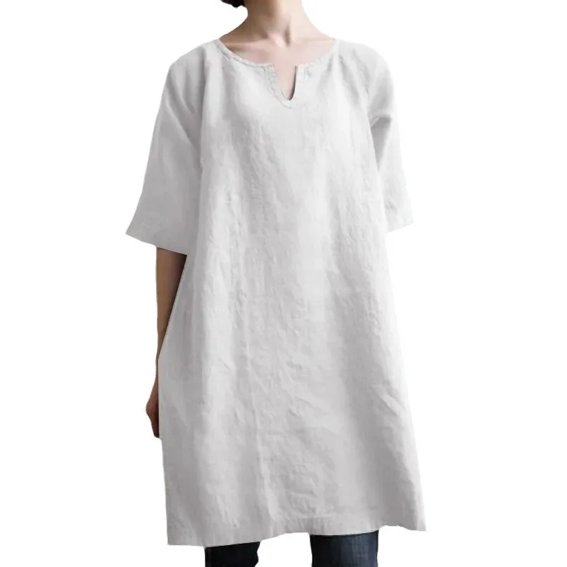 2025  New Solid Color V-neck Cotton and Linen Casual Medium-sleeved Dress for Women European and American