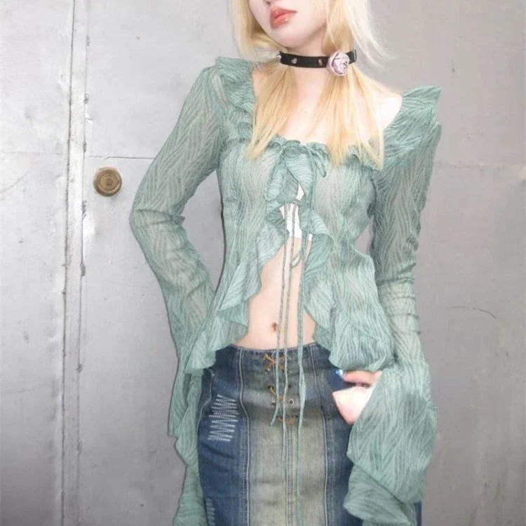 

2025 Summer New Lace Up Cardigan Mujer Elegant Vintage Ruffles Thin Shirts Women Y2k Slim Fit Long Sleeve Sun Protection Coat
