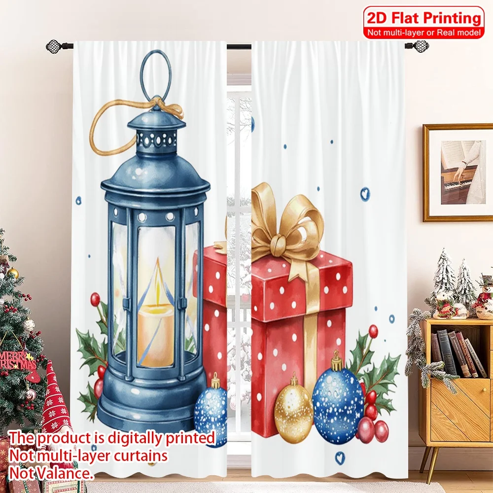 

2pcs 2D flat printing Merry Christmas Drapes Christmas Gifts Lantern Holly Berries Polyester Fabric Without Electricity 0
