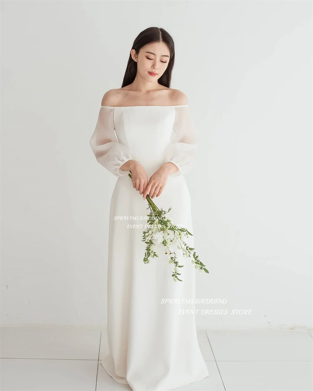 Sprühen einfach von der Schulter Langarm Brautkleid Korea Fotoshooting Chiffon bodenlangen Brautkleid nach Maß