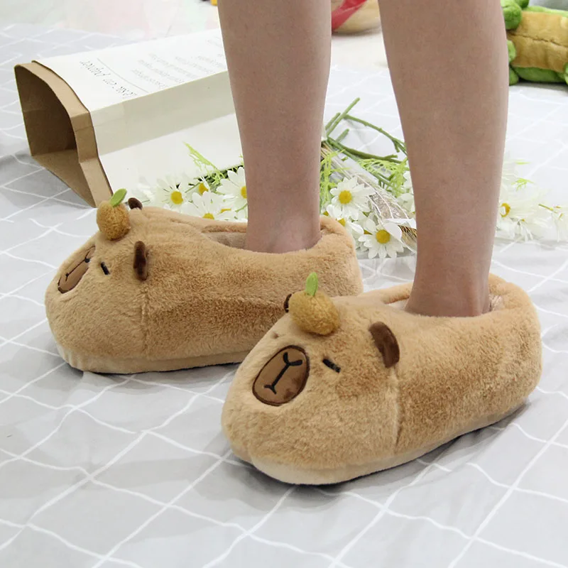 Custom Winter Home Warm Imitating Capybara Shaped Cute Furry Fuzzy Fur Plush Fluffy Slippers