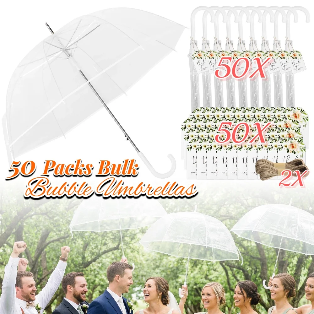

50 Packs Clear Wedding Umbrellas Bulk 52 Inch Transparent Bubble Umbrella with Thank you Tags Wedding Party Decoration