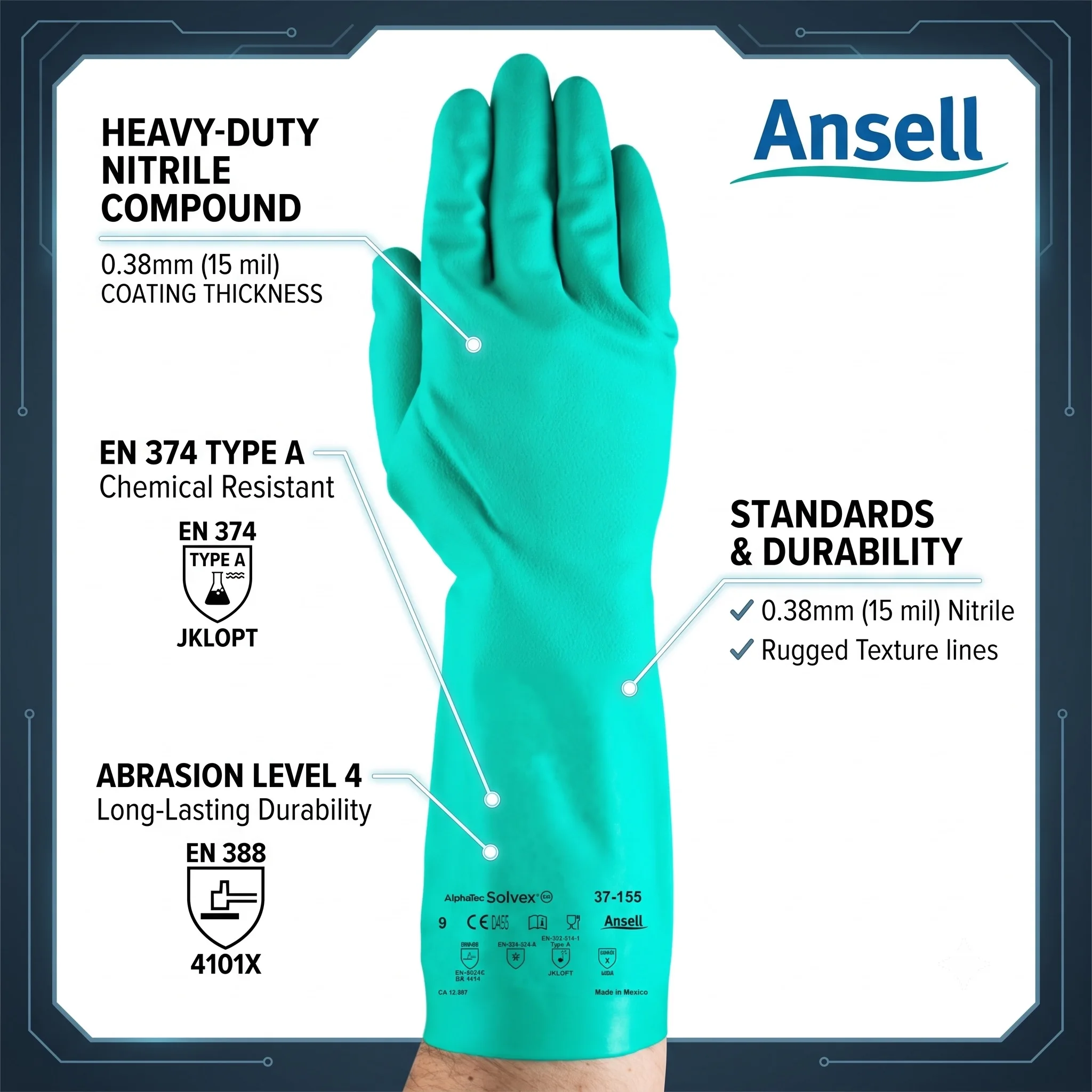 Ansell AlphaTec 37-155 Nitrile Gloves Heavy Duty Safety Work Green Dark Oil Field Diesel Resistant Waterproof Food