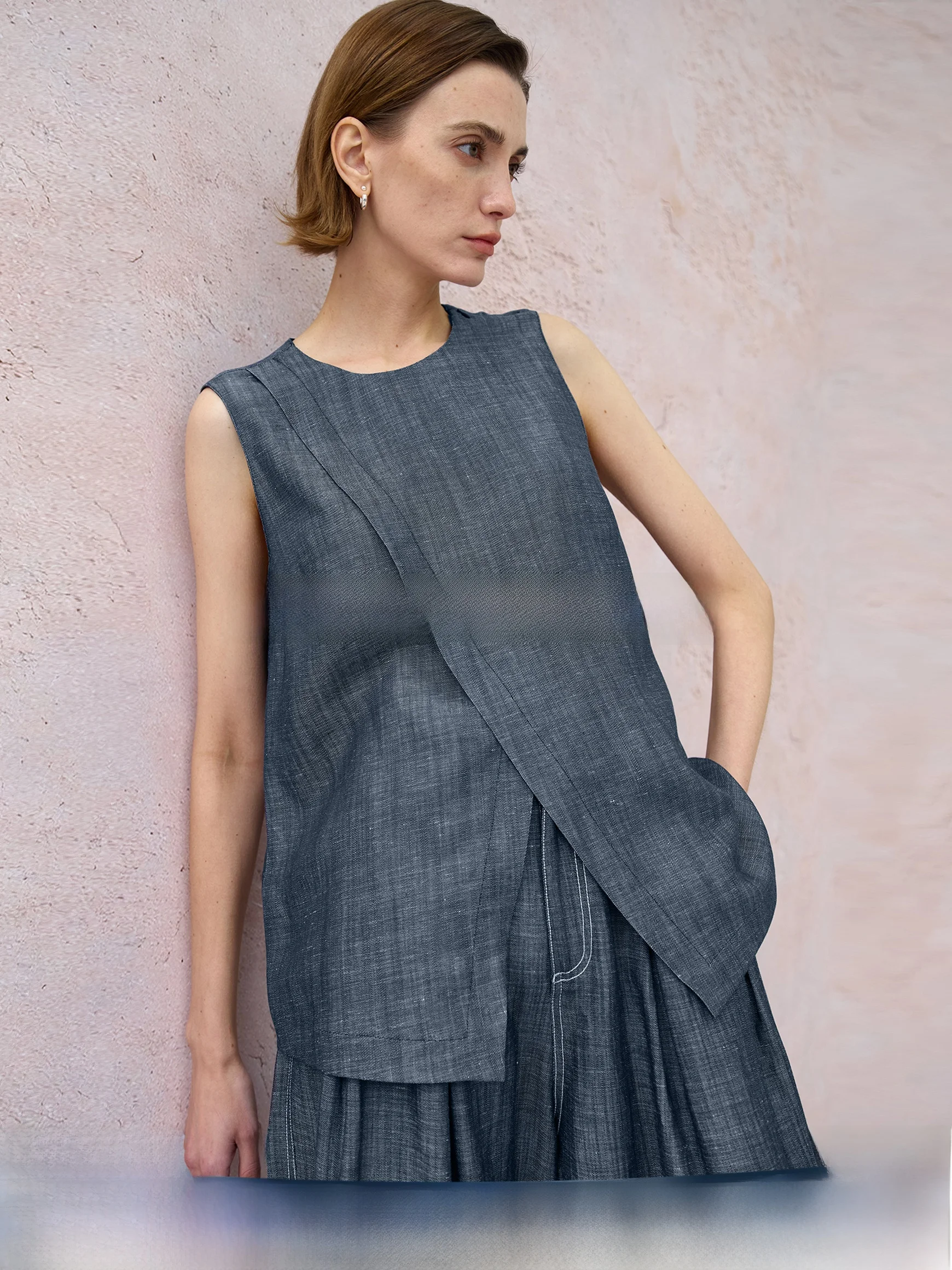 

Женский джинсовый льняной жилет Fibee Summer 2026 с круглым вырезом без рукавов: комфортный, дышащий, антибактериальный, антистатический, легкий