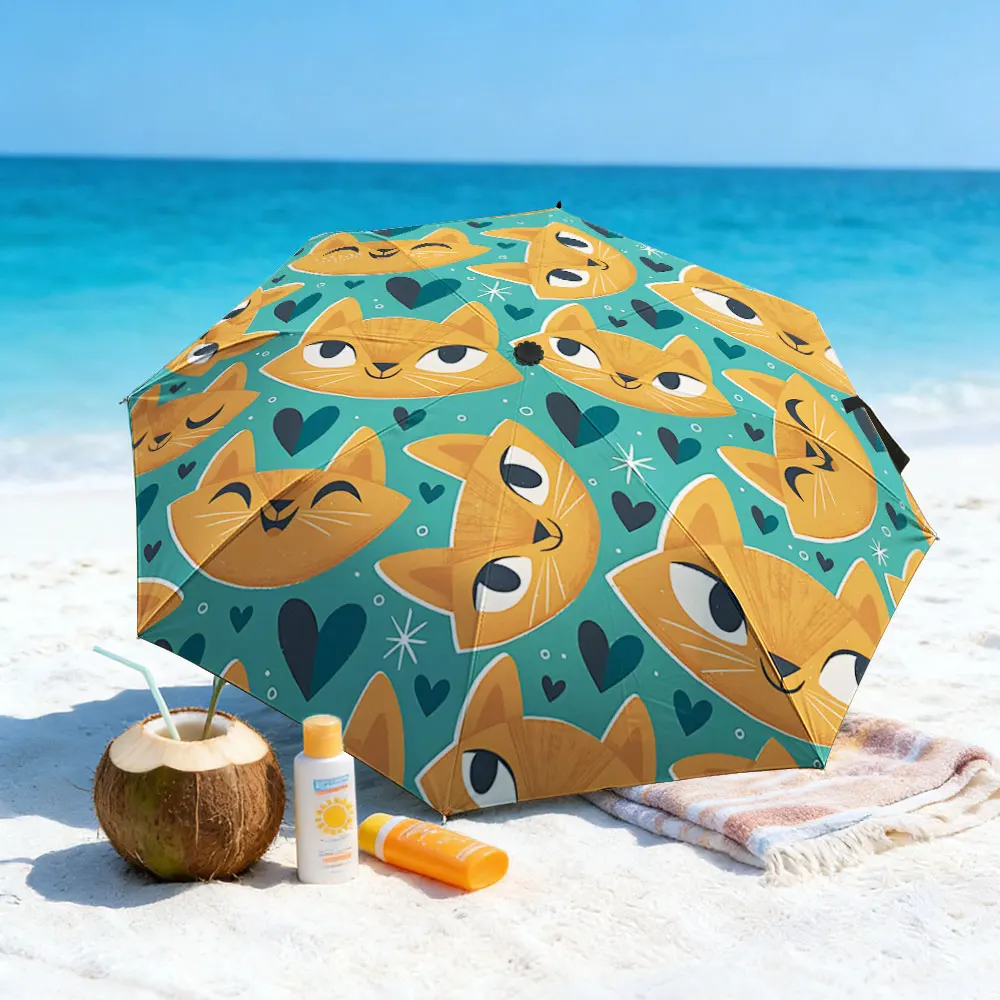1PC Colorful Cat Pattern Umbrella by the Lakeside Print 8 Iron Ribs Folding Umbrella Auto-Open Fashion Sunshade