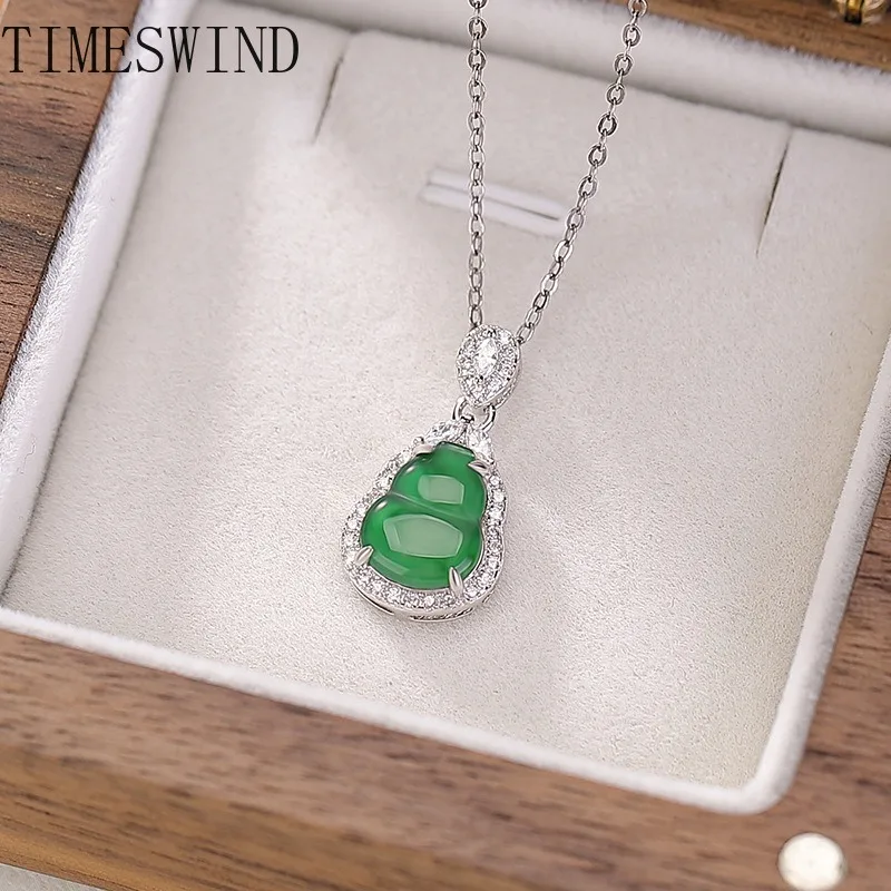 

TIMESDWIND Original A-type Jade Green Gourd Full Zircon S925 Silver Women Necklace Fashion Jewelry with Certificate
