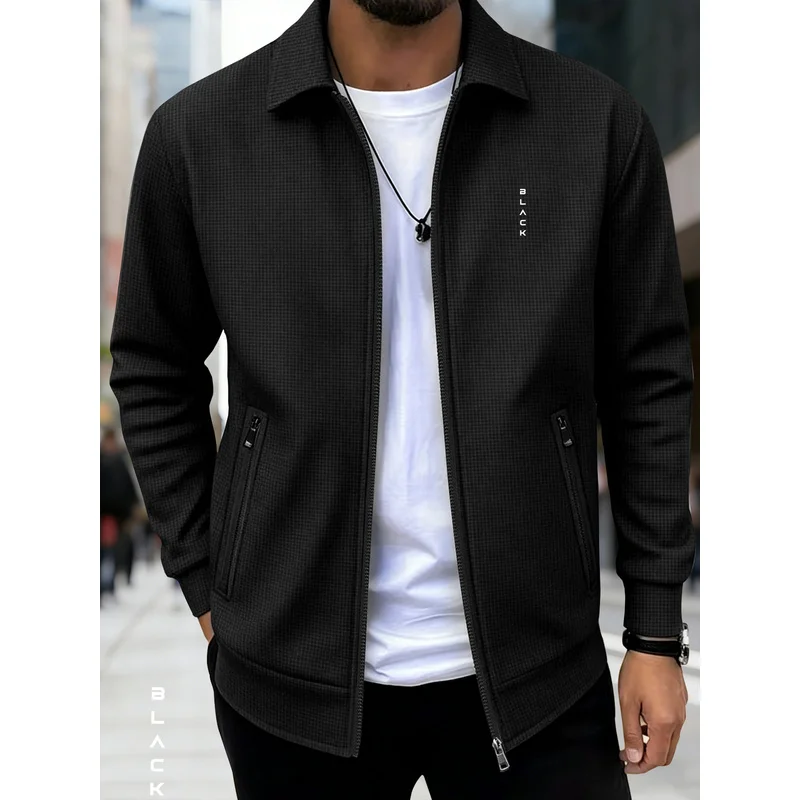 Men's waffle-knit zip-up work jacket with stand collar, vertical "BLACK" letter print, outdoor sports spring/autumn men's coat