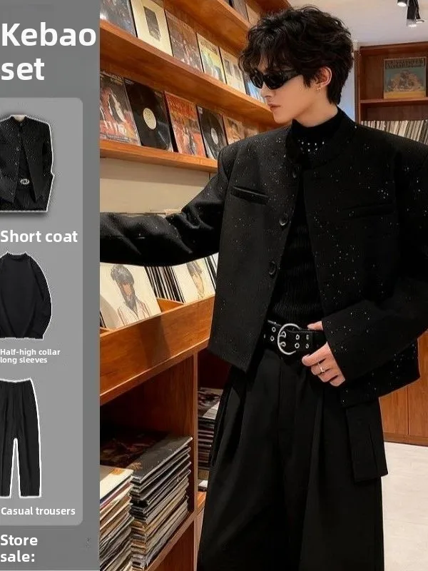 Men's Short Tailored Jacket with Shoulder Pads Stand Collar Luxury Nightclub Fashion Three-piece Set Polyester Long Sleeve Pants