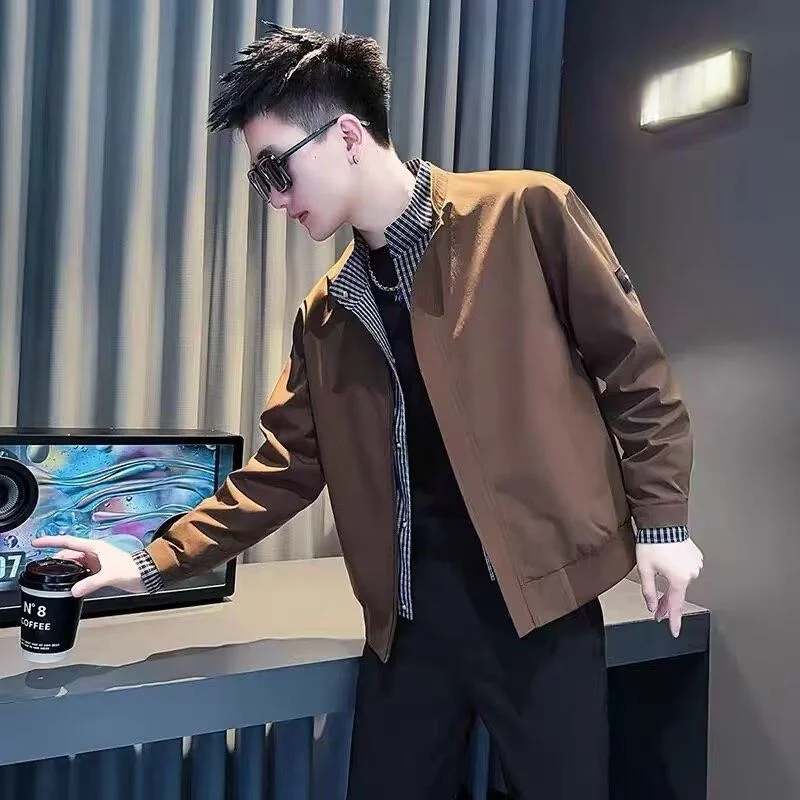 

Faionable Slim Fit Stand Collar Jaet for Men Spring Autumn New Sle Trendy Patchwork Fake Two-Piece Outerwear High-End F...