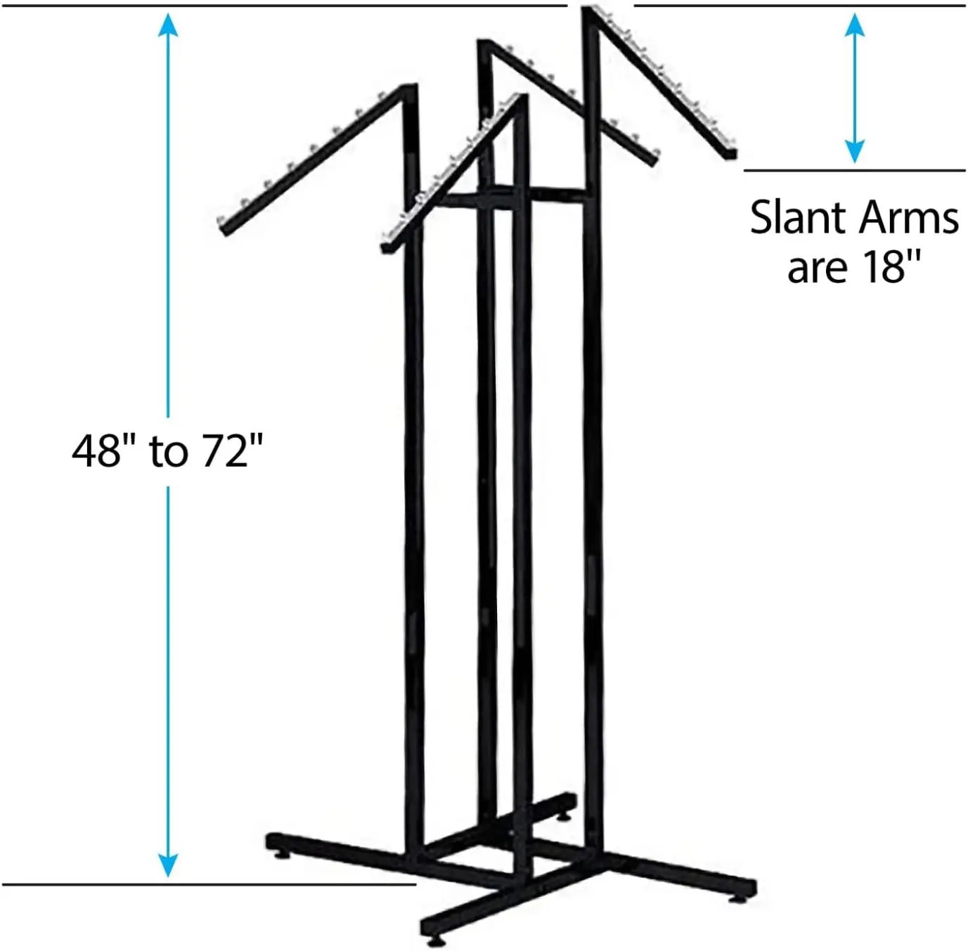 Black 4 Way Adjustable Clothing Rack with Slanted Arms - Retail Clothing Rack Display - Adjustable Height Arms from 48