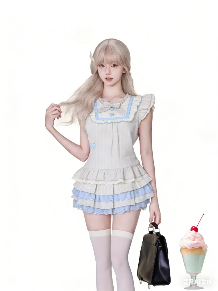 Summer Fresh Sweet Girl Skirt Set Women Kawaii Lace Bow Ruffle Tops  Y2k Cake Mini Lolita Aesthetic Fashion 2 Piece Set New