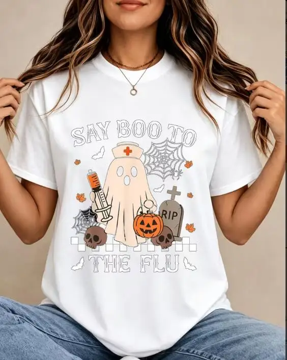 Say Boo To The Flu Nurse T-shirt for Women Halloween Ghost Spider Web Tombstone Print Round Neck Short Sleeve Casual Medical Worker Tops