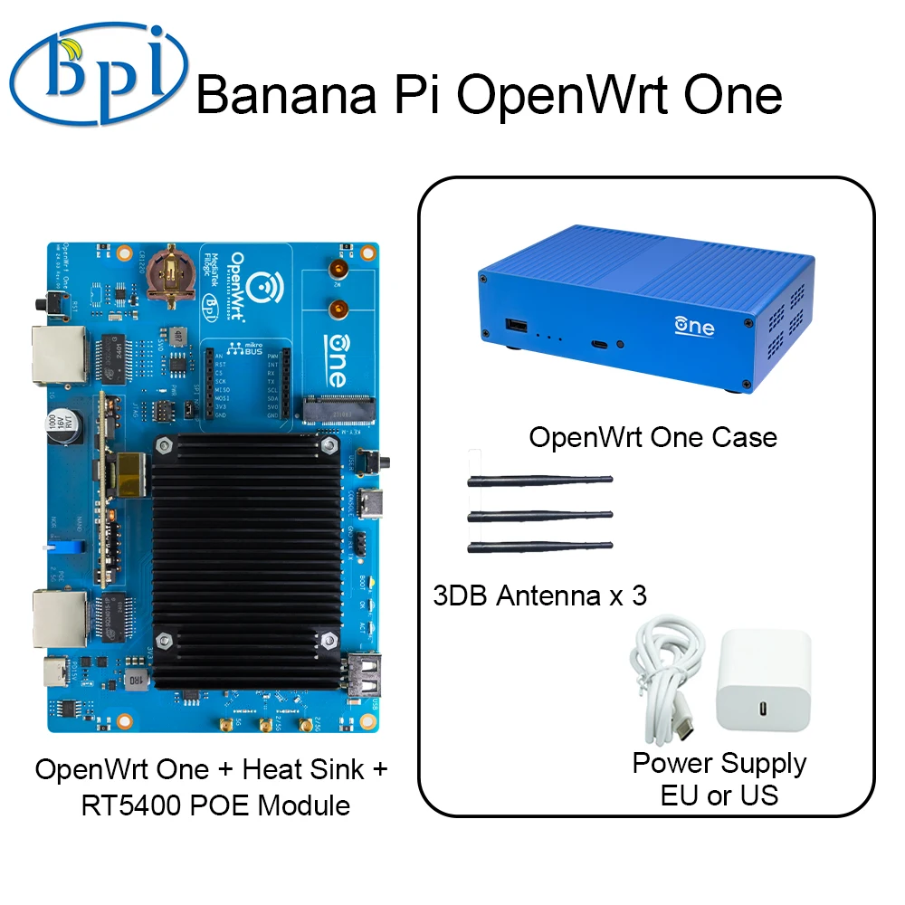 바나나 파이 오픈 소스 스마트 라우터, OpenWrt One MediaTek MT7981B, 1GB DDR4 2.5GbE RJ45 및 기가비트 이더넷 RJ45 256, MiB SPI NAND