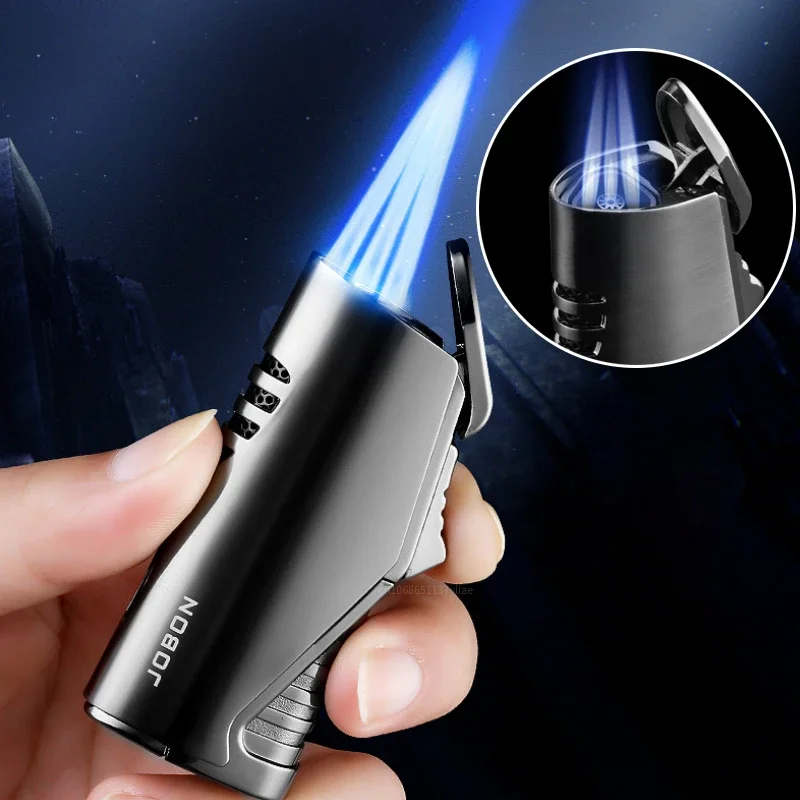 Jobon Triple Torch Jet Metal Lighter Pipe Lighter with Cigar Cutter Visible Transom Windproof Flame Accessories Gadgets Men