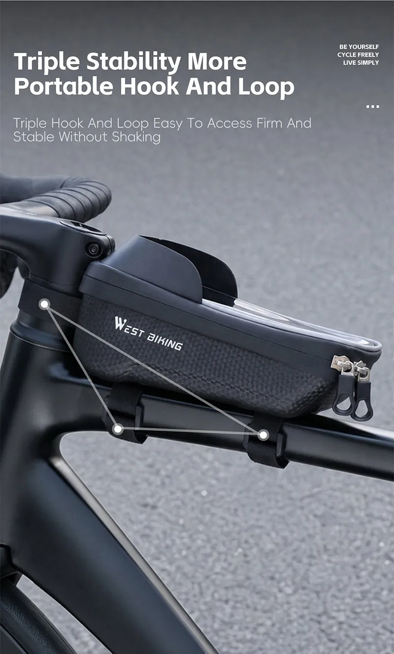 WEST BIKING Touchscreen-Fahrradtasche für Handys, wasserdichte Hartschalen-Oberrohrtasche für Straßen- und Mountainbikes mit dreifach stabilem Haken – Detail 7