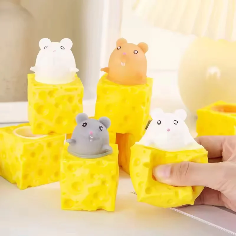 2 Pcs Stress-relieving Pet Cheese Mouse Squeezing Squirrel Cup Toys Decompression Fidget Antistress Sensory  Reliefing Gift