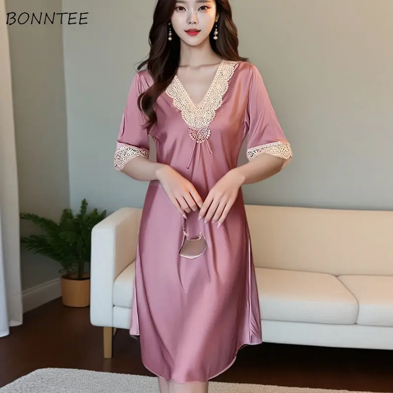 Sexy Nightgowns Women Lace Embroidery Short Sleeve Mini 4XL Solid French Style Tender Cozy Home Sleepwear Temperament Summer