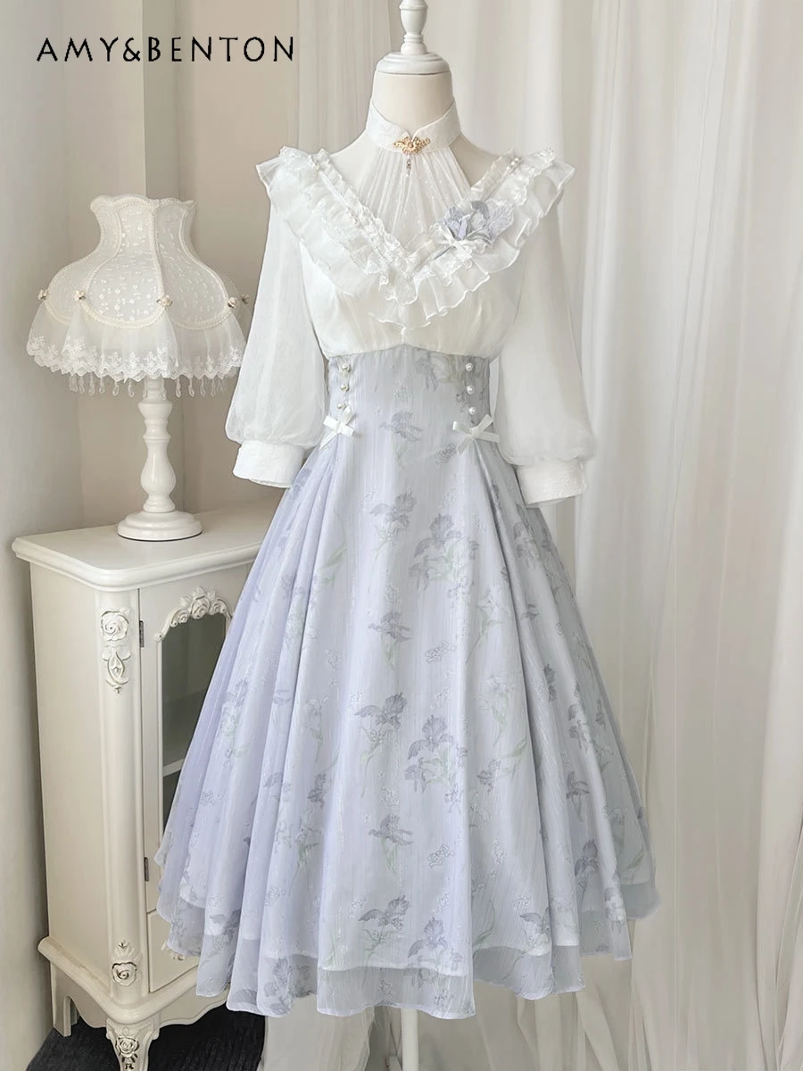 

Gentle Daily Lolita Dress Spring Summer New French Elegant Sweet Three-Quarter Sleeve Color Matching Mid-Length Dress for Women