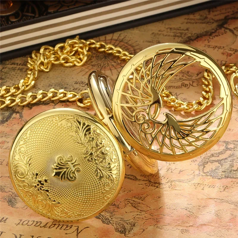 Luxury Golden Hollow Out Heart-Shaped Feather Case Pocket Watch Double Hunter Handwind Mechanical Watches with Pendant Chain