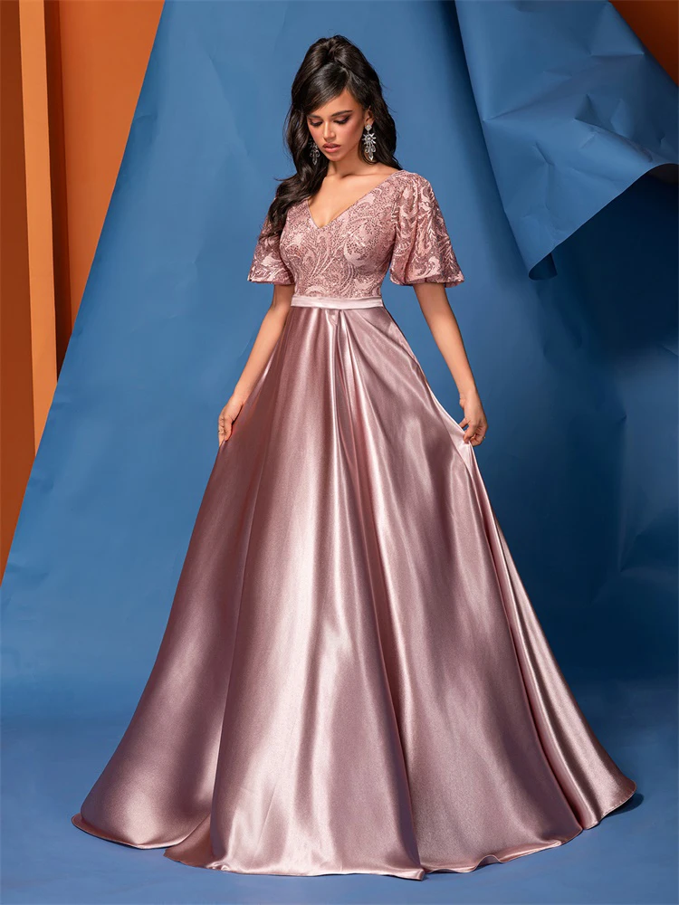 XUIBOL Elegant Short Sleeve Pink Satin Formal Evening Dress Luxury Long Women Mermaid Wedding Party Dress Cocktail Prom