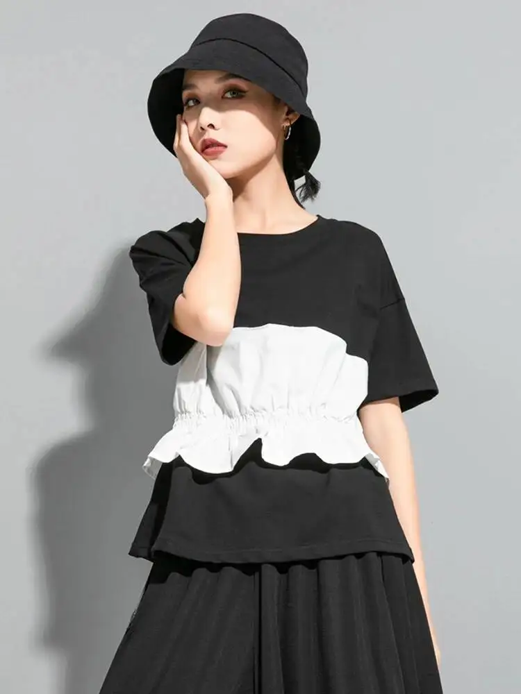 

Women White Color-block Ruffles Big Size Casual T-shirt New Round Neck Short Sleeve Fashion Spring Summer