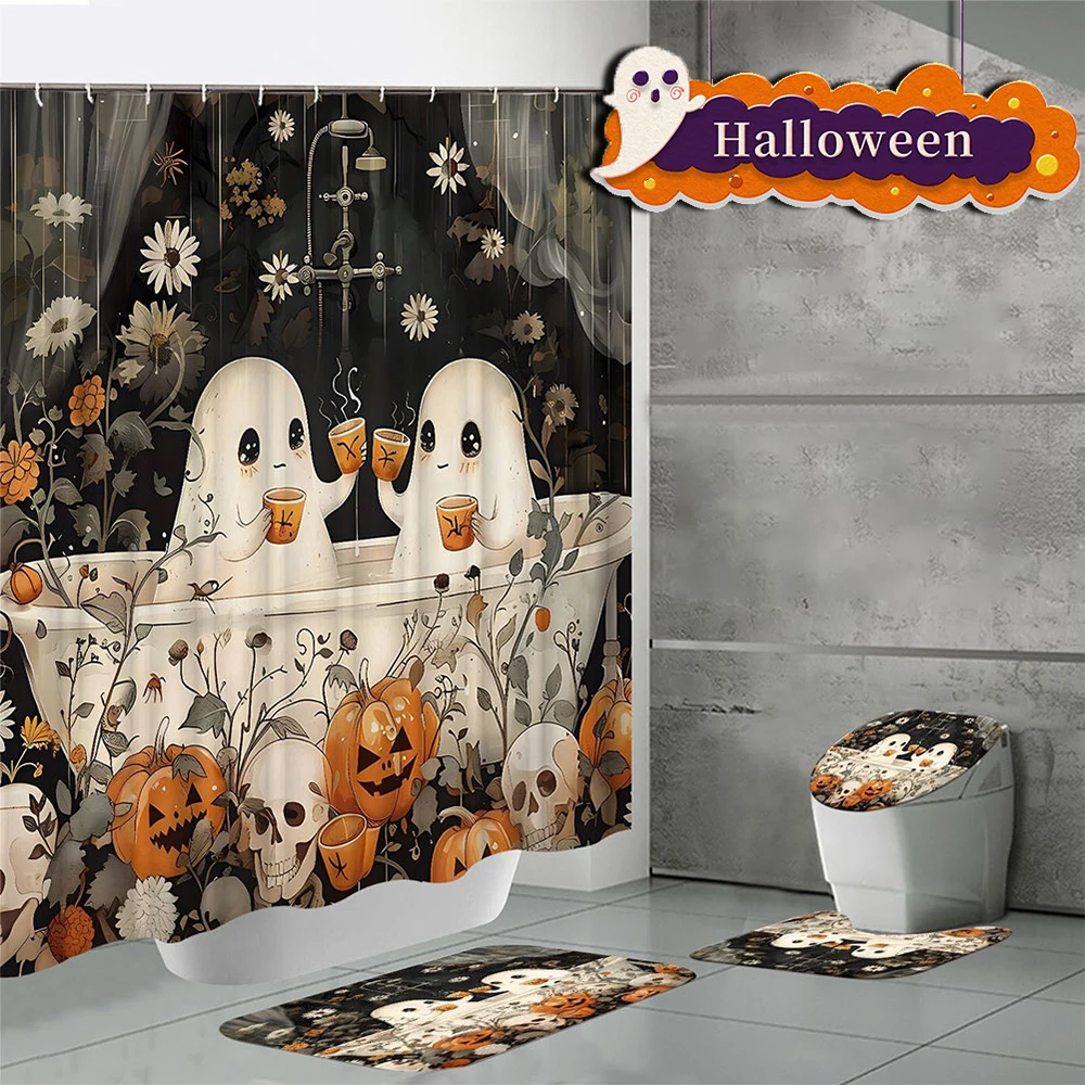 1/4pcs Cute Ghost Shower Curtain Cartoon Spooky Halloween Shower Curtain Cute Cartoon Home Bathroom Decor Set Rug Toilet Cover