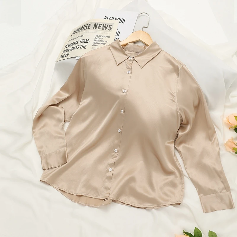 Birdtree, OEKO-TEX, 22MM 100% Silk Shirt, Lapel Full Sleeve Tops, Women's Plain Satin Elegant Blouse, 2026 Autumn New T68809JF