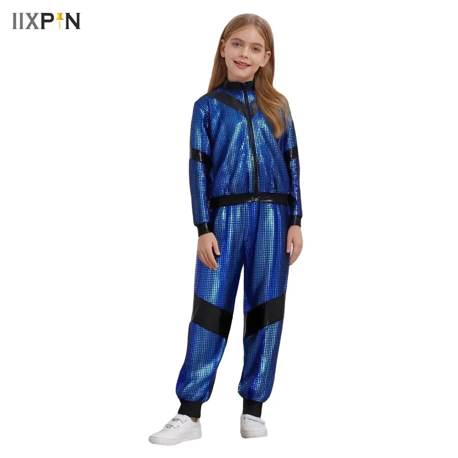 

Kids Boys Girls Hip-Hop Jazz Dance Costume Long Sleeve Front Zipper Metallic Plaid Color Block Jacket Coat with Trousers Pants