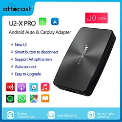 OTTOCAST-reproductor Multimedia con Android para coche, con 2 en 1 dispositivo inalámbrico CarPlay, caja inteligente, Plug Play, U2 X PRO, para Toyota y KIA