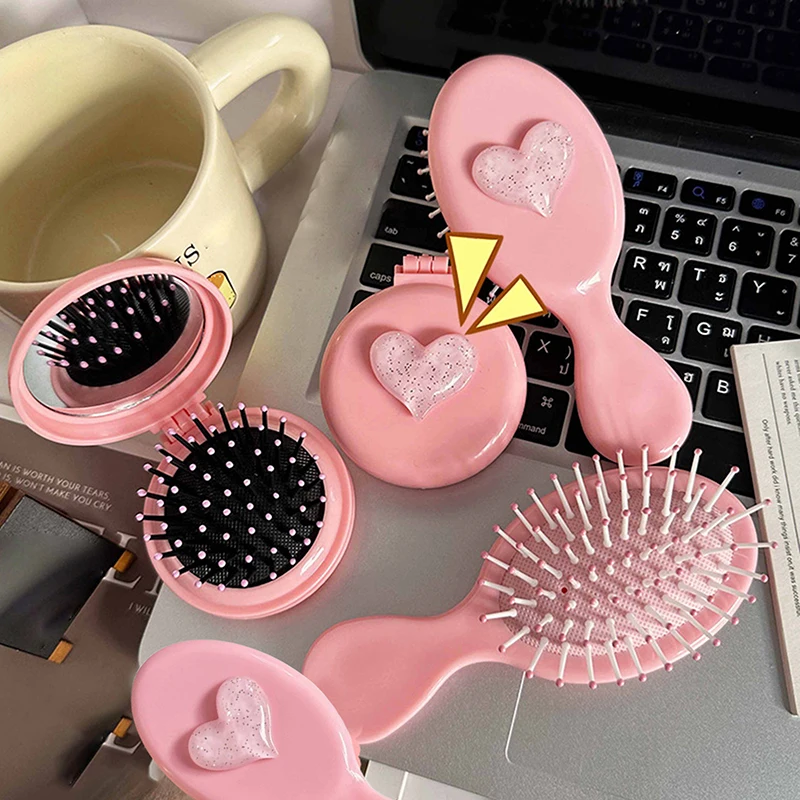 Cute Pink Love Folding Massage Comb Head Massage Air Cushion Comb Anti-Static Portable Travel Girl Hair Combs With Mirror