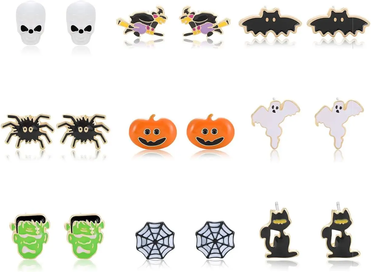 

Halloween Earrings Set Black Cat Spider Web Pumpkin Ghost Bat Drop Earring Studs for Women Halloween Carnival Party Jewelry Gift