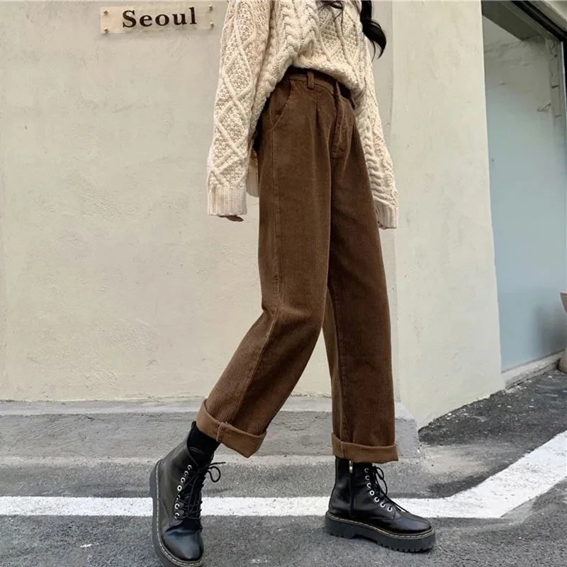 Vintage Corduroy Wide Leg Pants Women High Waist Pockets Baggy Trousers Streetwear Korean All Match Black Casual Straight Pants