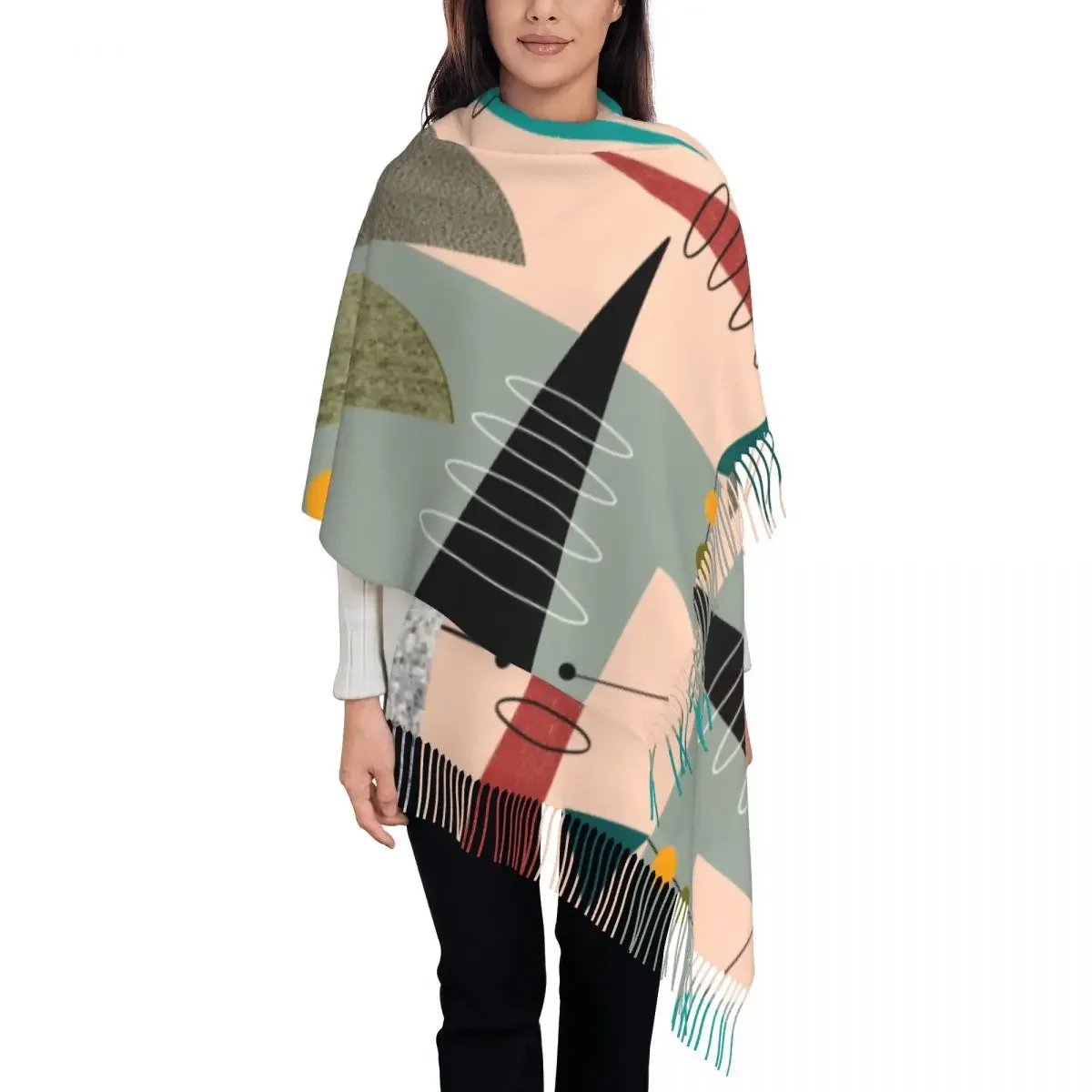 Minimalist Mid Century Modern Abstract Scarf Wrap For Women Long Winter Warm Tassel Shawl Unisex Geometric Scarves