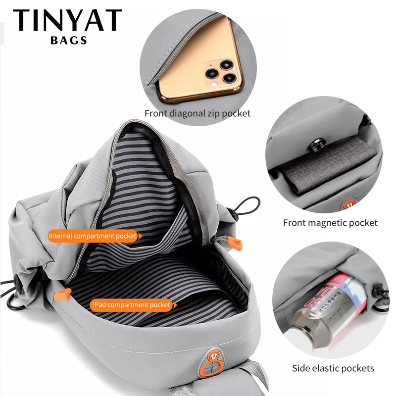 TINYAT Large Capacity Chest Bag Man Phone Money Ipad Sling Bag Waterproof Crossbody Bags For Men Casual Travel Shoulder Bag