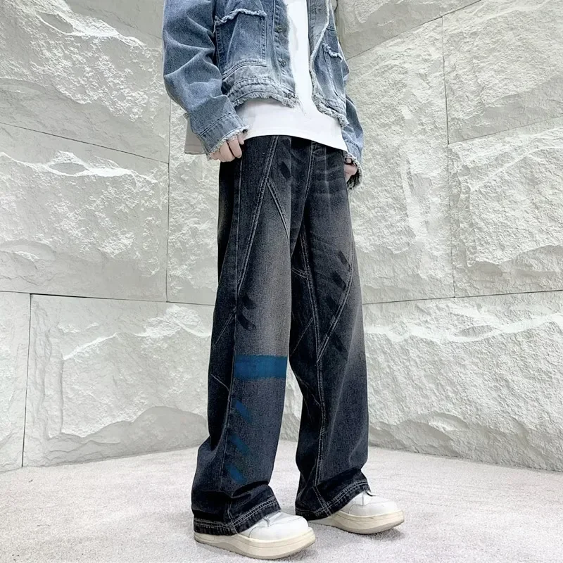 

2024 AOSHIYA Y2K Fashion Painting Washed Black Baggy Jeans Pants For Men Clothing Straight Loose Women Denim Trousers Ropa