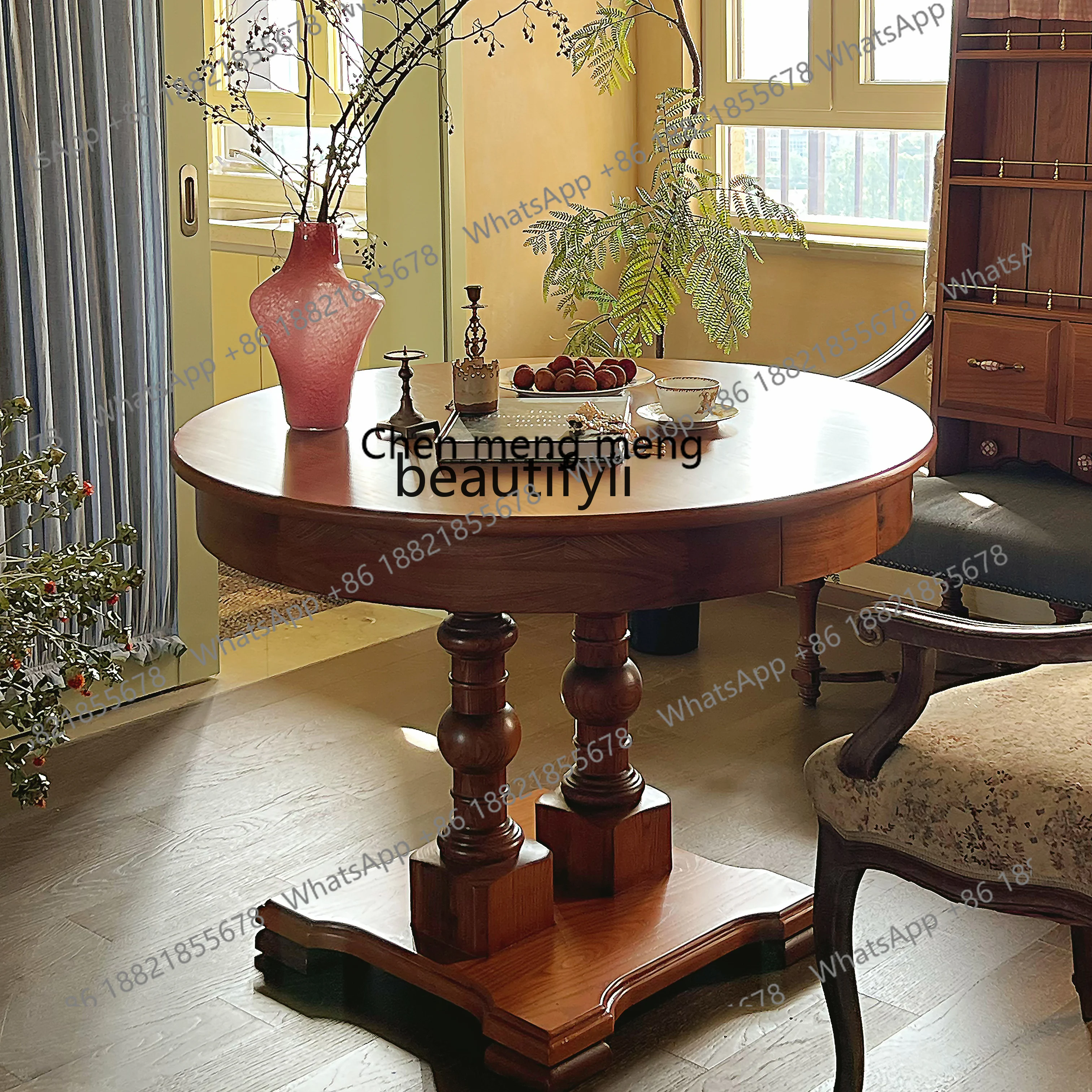 

Round dining table ash wood solid wood small apartment retro multi-functional restaurant dining table