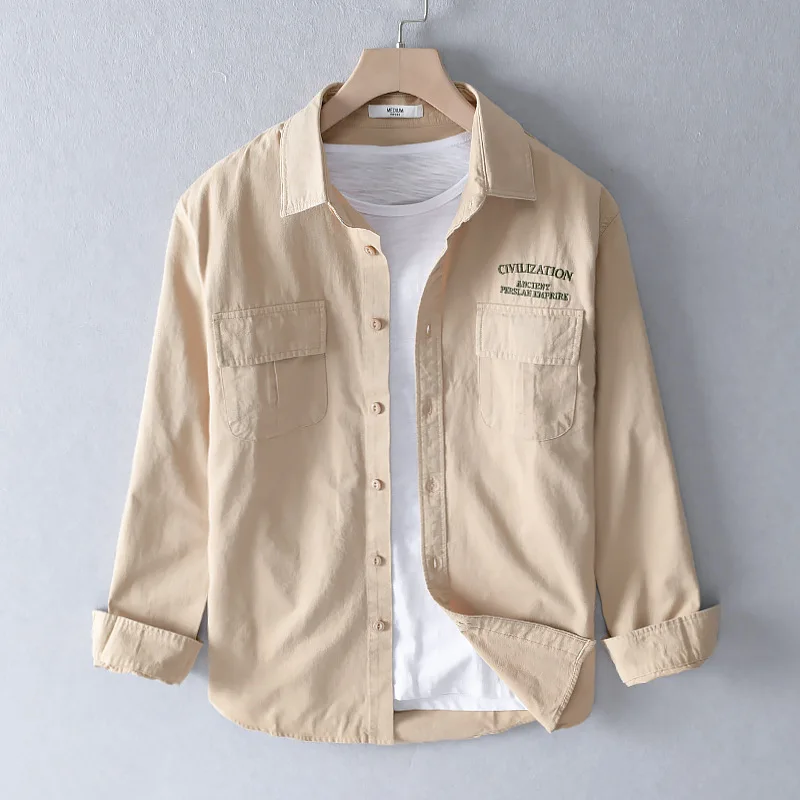 

Retro Japanese Sle Long Sve Casual irt for Men Loose Fit Pure Cotton Embroidered Workwear Outerwear for Autumn Winter