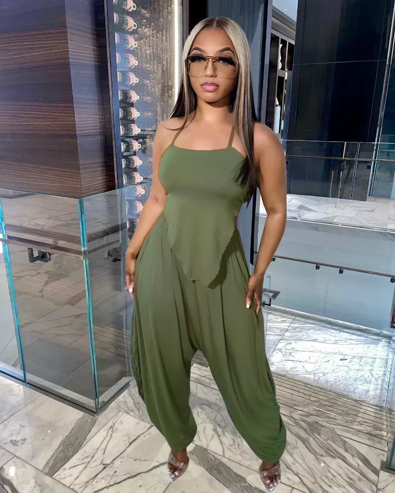 

GUWU Fashion Street Women 2 Piece Set Outfits Halter Neck Bellyband Crop Top and Haren Loose Pants Set Summer Tracksuit