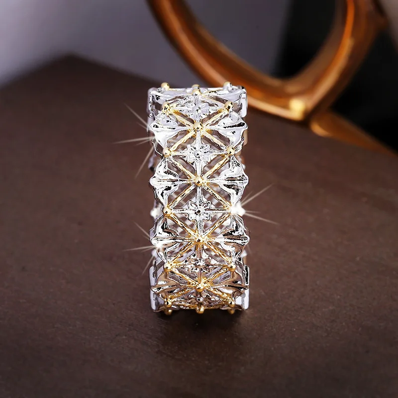 Classic High quality woven pattern carving retro hollow out diamond rings for women two tone line ring exquisite wedding jewelry