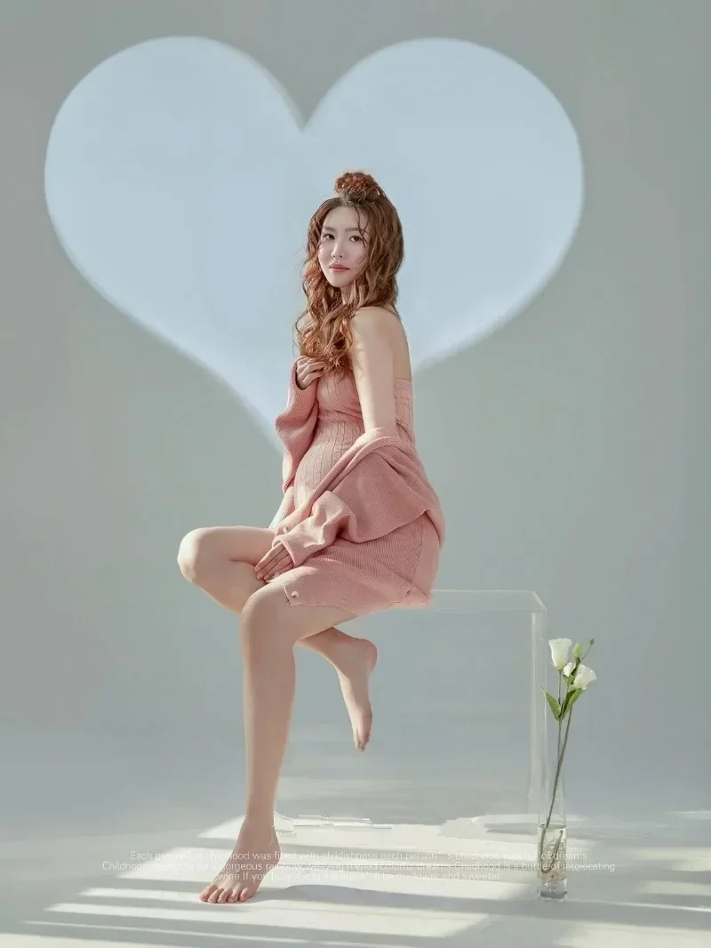 Rekwizyty fotograficzne dla kobiet Sukienka ciążowa Różowa sukienka z dzianiny Sukienki ciążowe z kardiganami 2-częściowe Studio Sesja zdjęciowa Ubrania fotograficzne