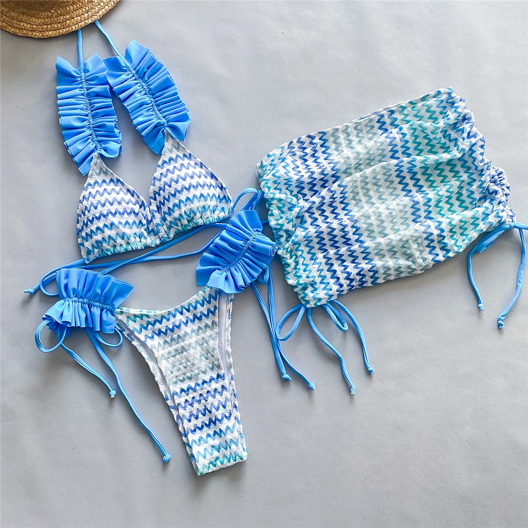Mit Rock, gewelltem, gerüschtem Bikini, Damen-Badeanzug, Damen-Badebekleidung, dreiteiliges Bikini-Set, Badeanzug, Badebekleidung, Schwimmanzug V5235 – Detail 31