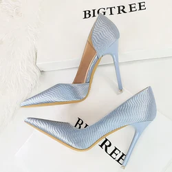 BIGTREE Shoes Wave Patterned Satin Women Pumps 2024 Spring New High Heels Stilettos Pointed Side Hollow Ladies Heels Stilettos