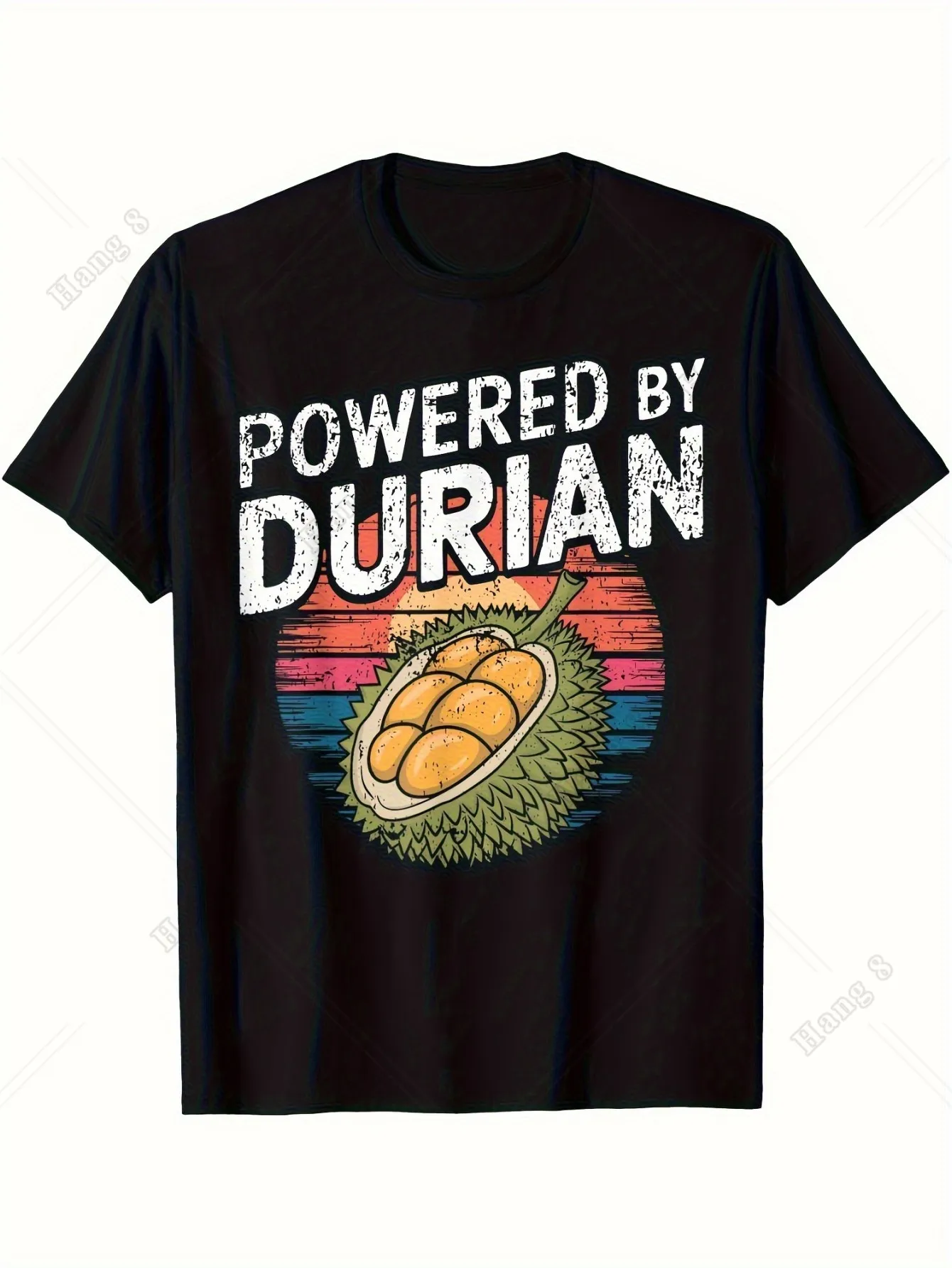 

Men'S T Shirt, Durian Pattern Print Black Casual Short Sleeve Top, Sunset Color Stripe Design Regular Fit Durable