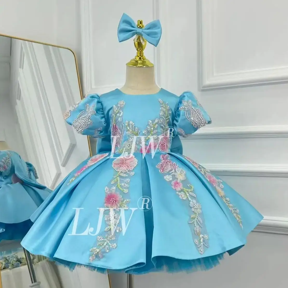 

Luxury Off White Flower Girl Dubai Beading Sequined Princess Gown Kids Wedding Birthday Party Pageant First Communion Pageant