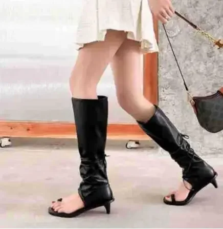 

Hot Girls Black Beige Leather Clip Toe Cross Tied 5 CM Heels Knee High Boots Women Fashion Slip On Slim Long Sandals Boots Shoes