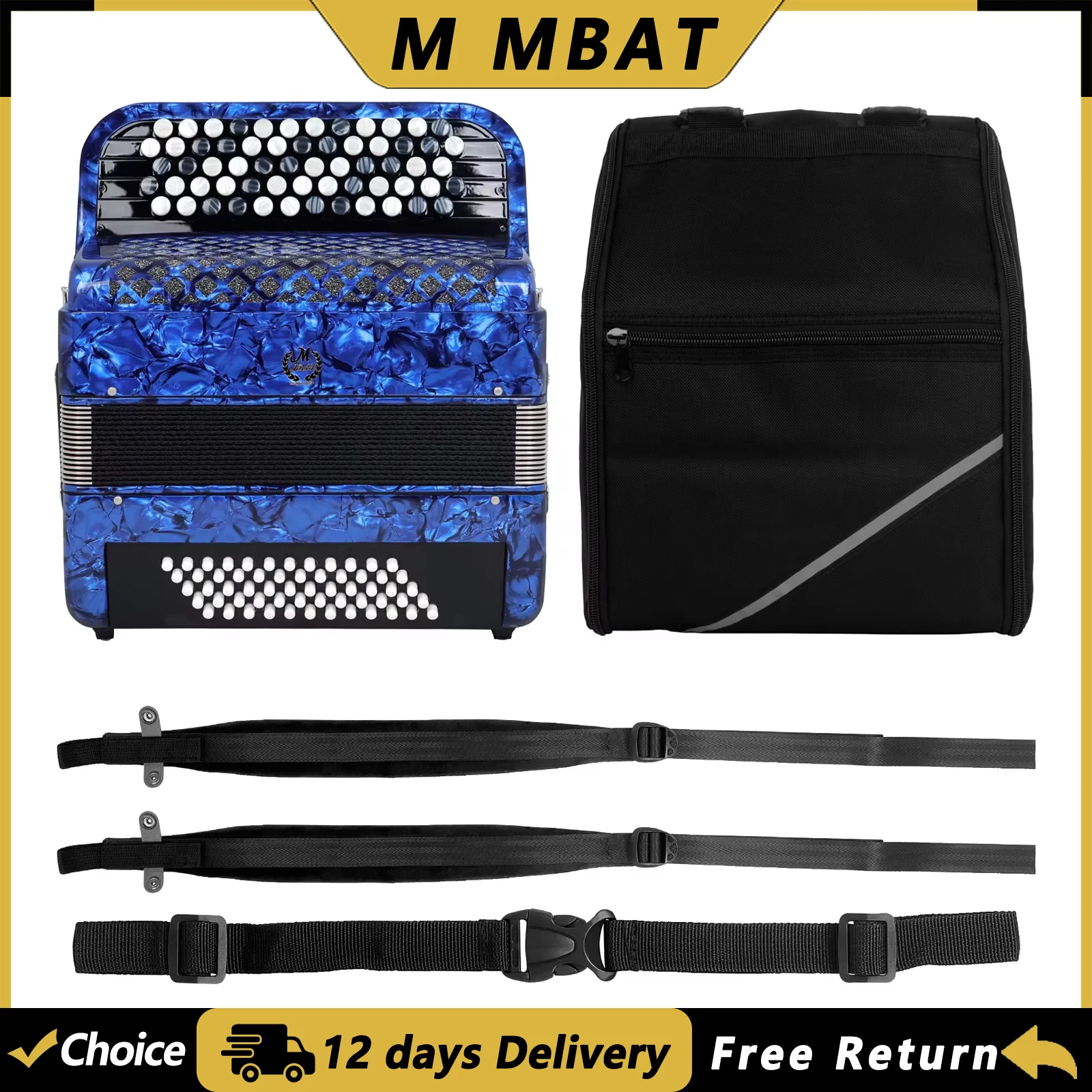 M MBAT Bayan Accordion 60 Bass 62 Keys Accordion with Bag Strap Professional Keyboard Instrument for Grading Performance