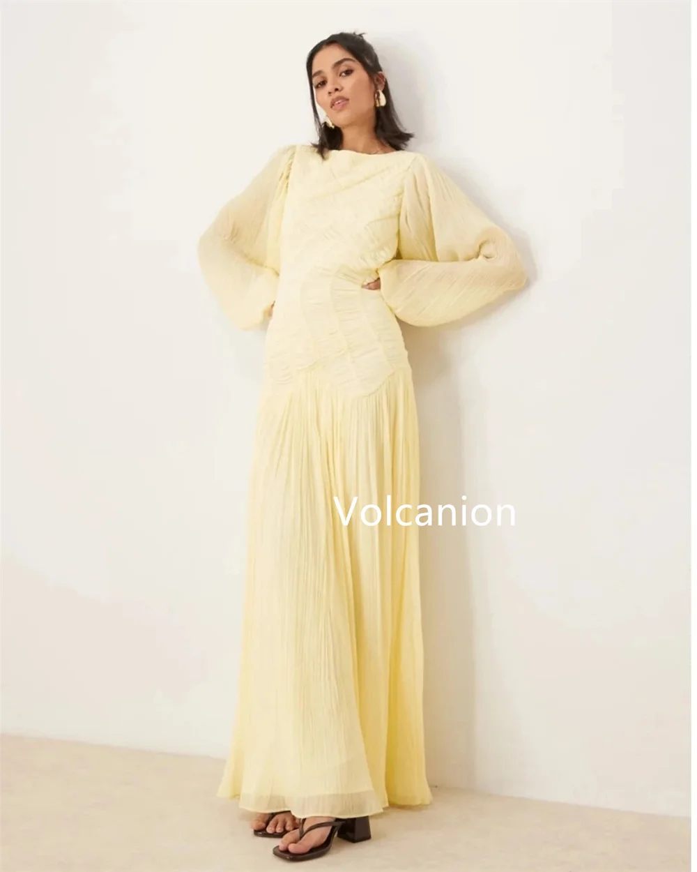 Customized Chiffon Pleat A-line O-Neck Midi Dresses Bespoke Occasion Homecoming Casual Simple Matching