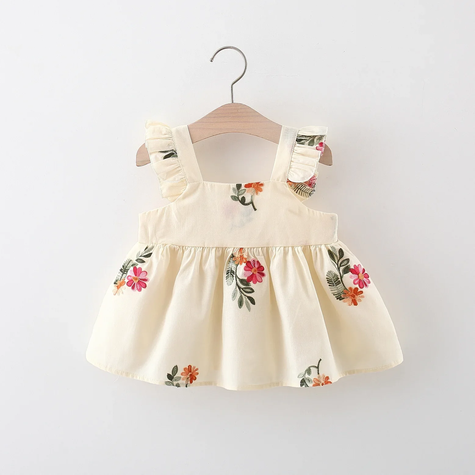 Summer New Girls Dress Halter Small Flying Sleeve Flower Embroidery Full Print A-line Dress Sweet Princess Dress Birthday Party