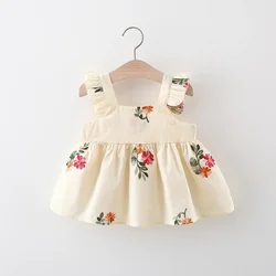 Summer New Girls Dress Halter Small Flying Sleeve Flower Embroidery Full Print A-line Dress Sweet Princess Dress Birthday Party