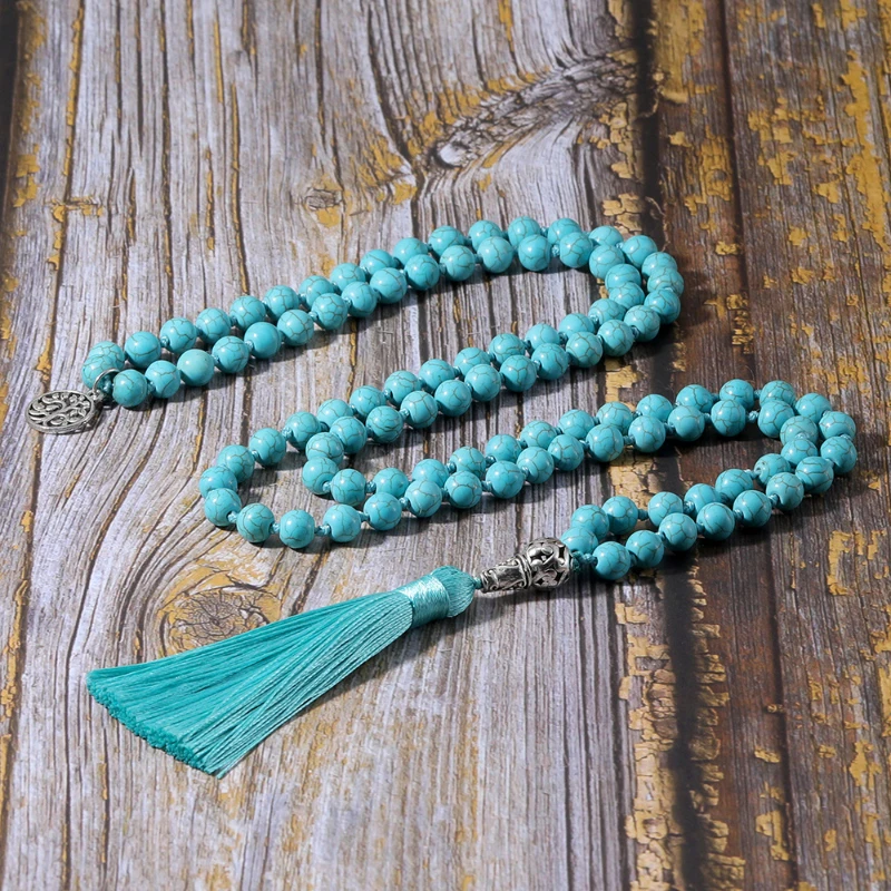 Blue Turquoise Necklace - Soothing Meditation Jewelry with Spiritual Tassel for Yoga, Prayer, and Bohemian Style -  boho